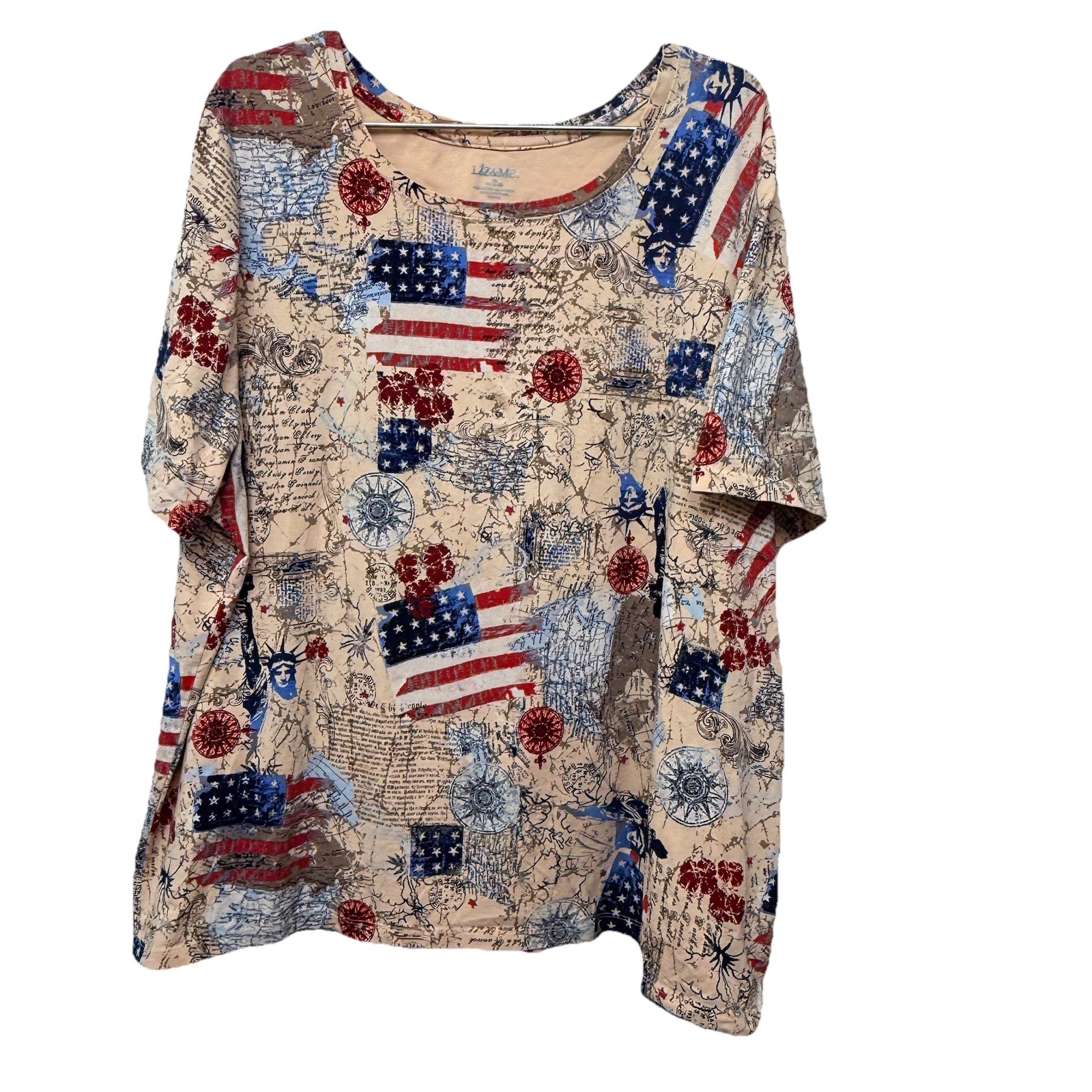 PATRIOTIC AMERICAN FLAG MAP USA STATUE LIBERTY T-SHIRT, 1X, CHEST 50 LENGTH 28