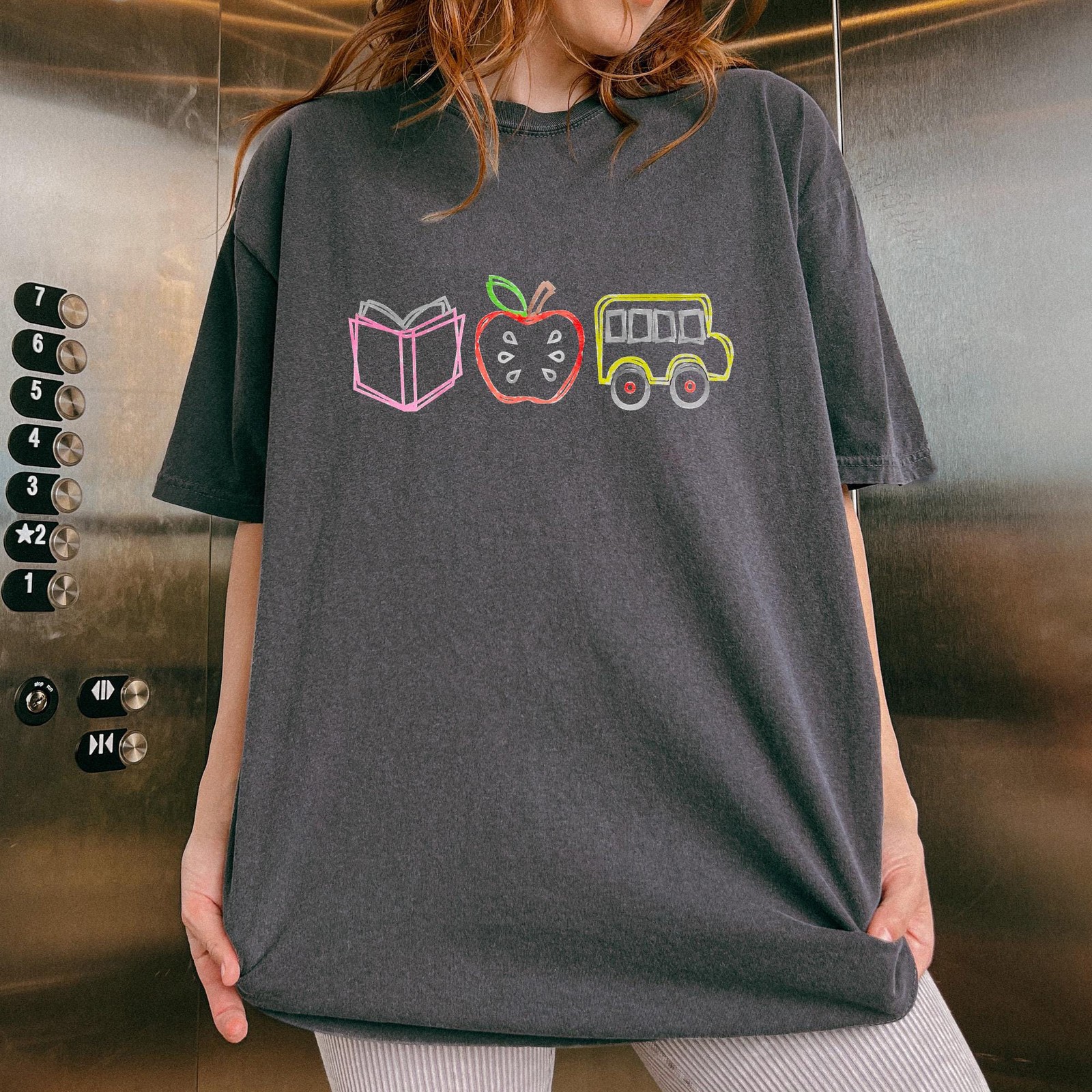 Back To School Teacher Graphic Tee Chalk Book Apple Bus Print Casual T-Shirt
