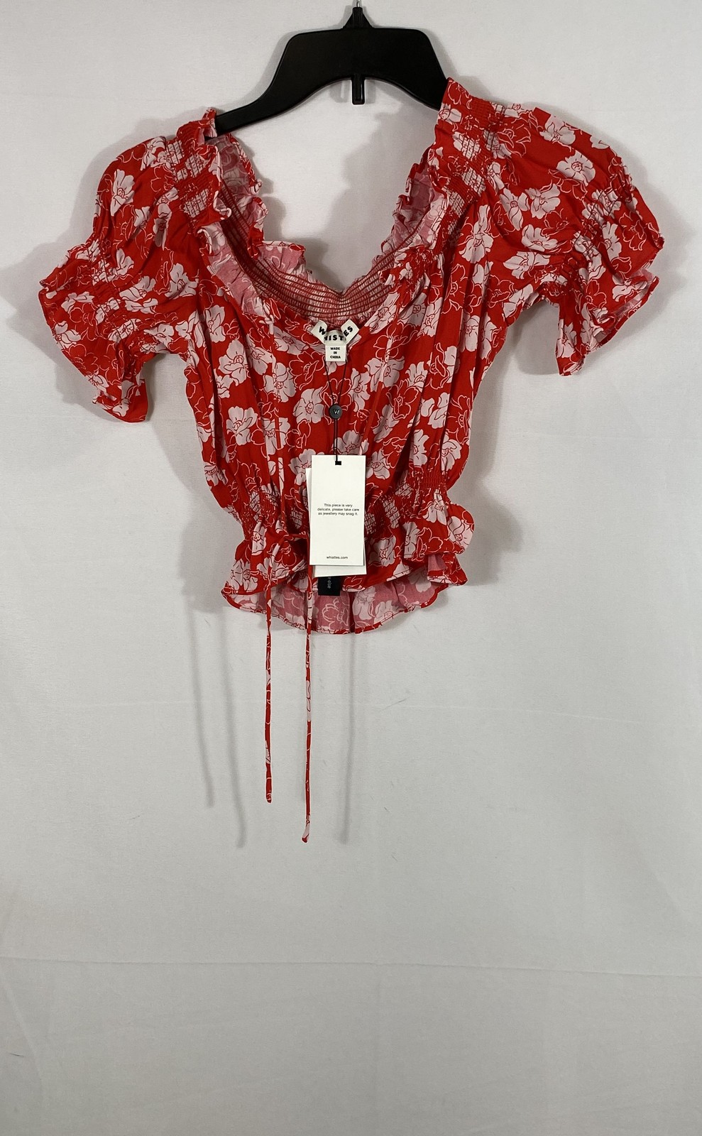 Whistles Women’s Red Floral Garland Bardot Top Off Shoulder Smocked Sz 2 NWT