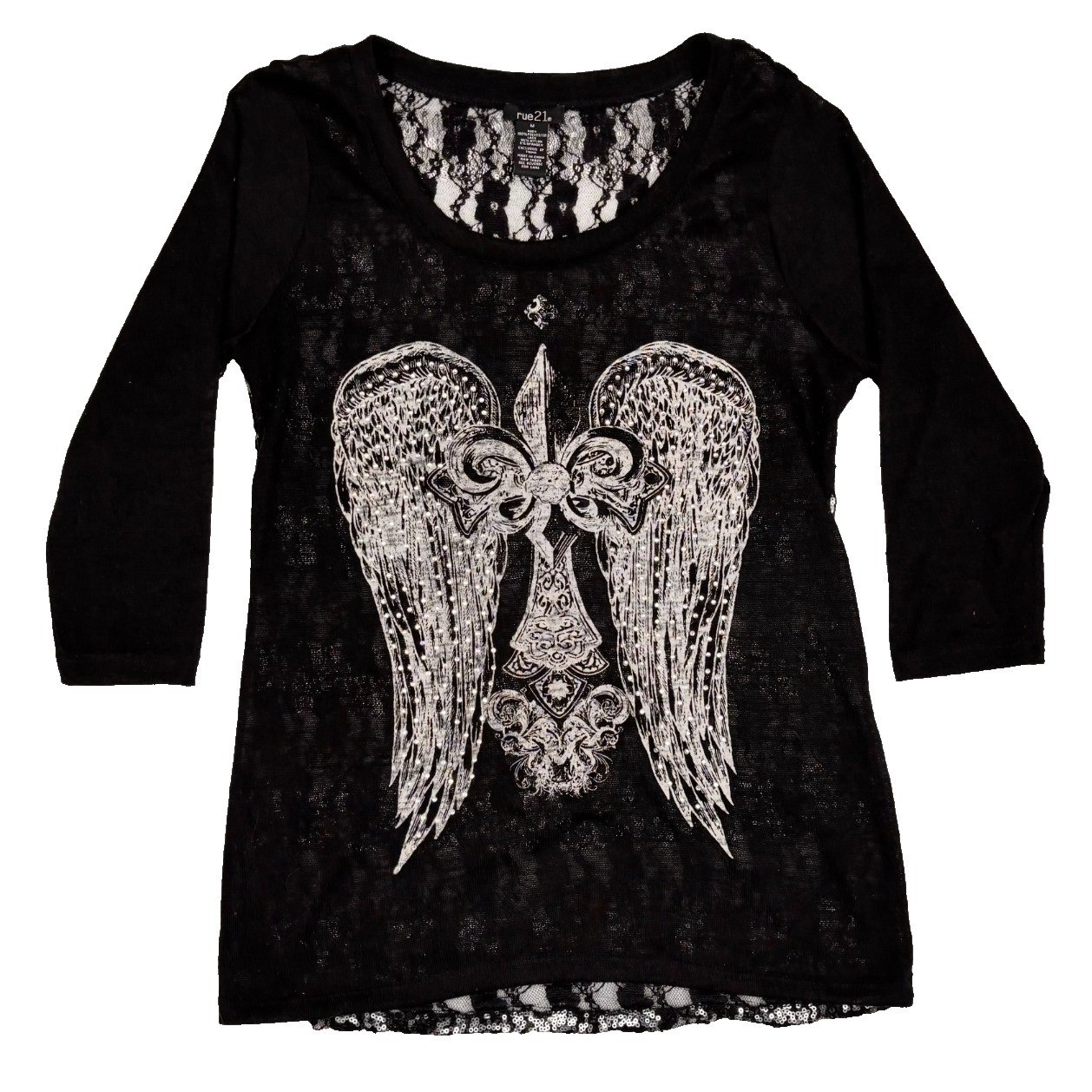 Rue 21 Womens Biker Medium Black Bedazzled Long Sleeve Shirt With Angel Wings