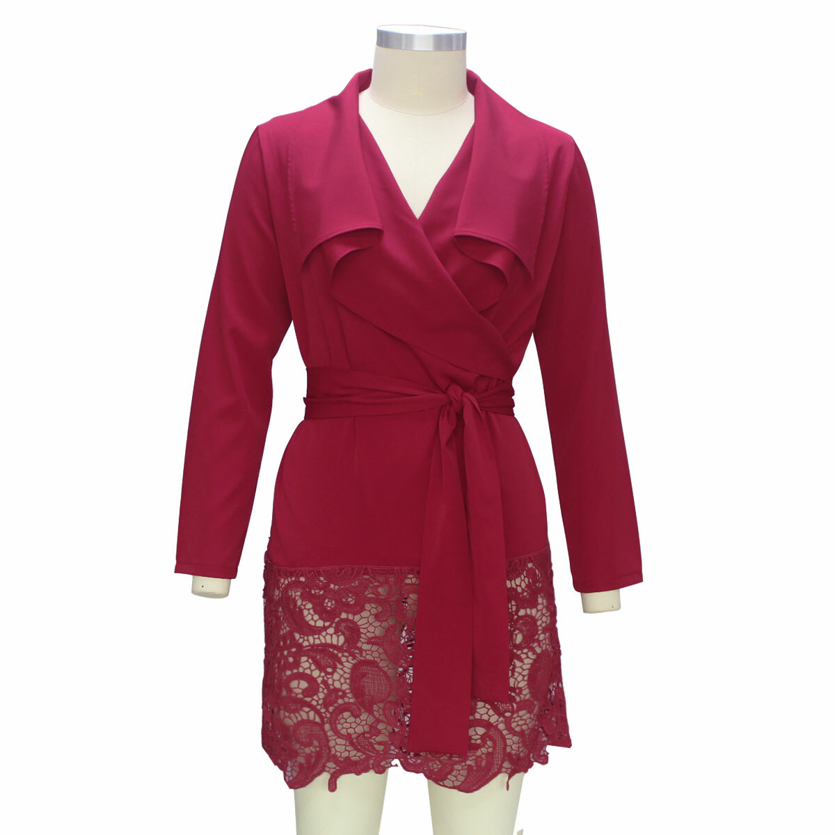 US Women’s Sexy Lace Stitching Loose Coat Belted Autumn Wind Coat Casual Tops