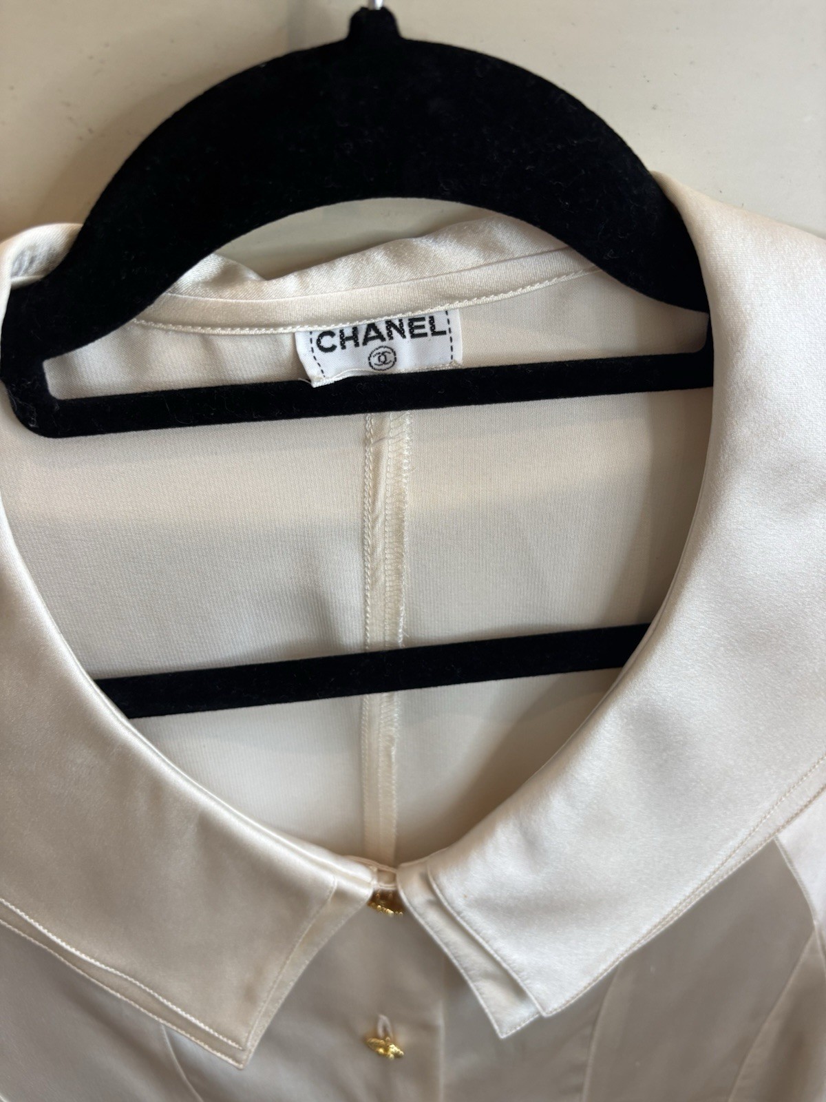 Chanel Vintage Silk Cream Blouse Gold Button Front Double Collar Old Money Vibe