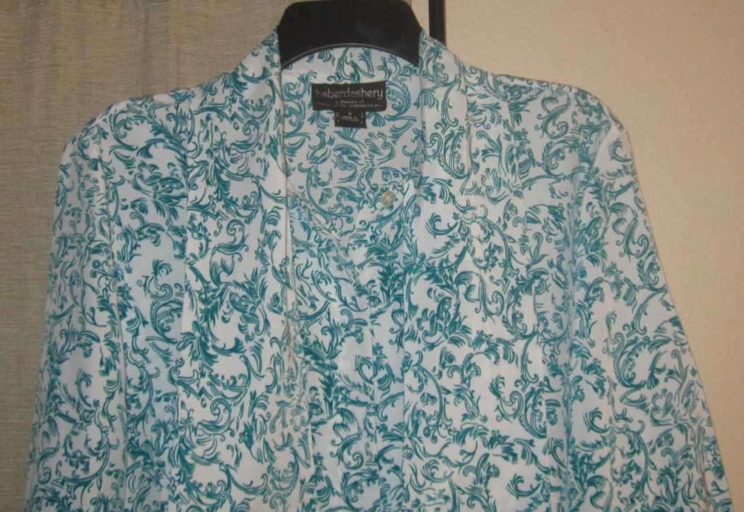 8 s shirt blouse dressy top eggshell blue green teal design vintage Haberdashery