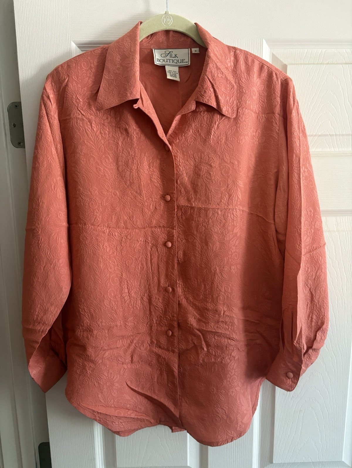 Silk Boutique 100% Silk Jacquard Button-Up Long Sleeve Blouse Top VTG vintage S