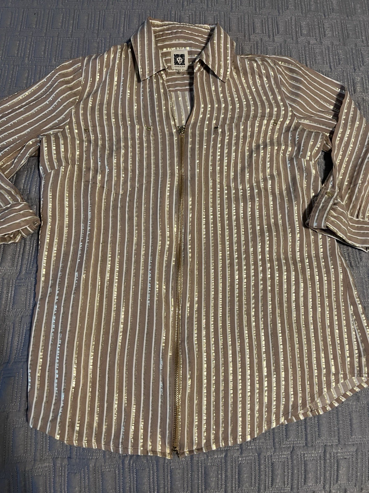 Anne Klein Blouse Tan Gold Metallic Striped Zip Front Roll Tab Shirt Small