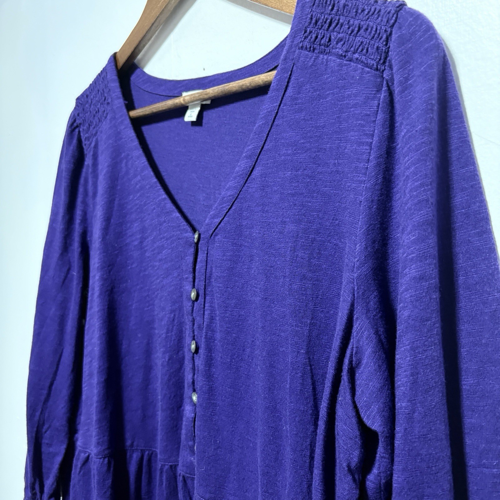 J Jill Top Womens L Petite Dark Purple 3/4 Gathered Sleeve Babydoll Style Flowy