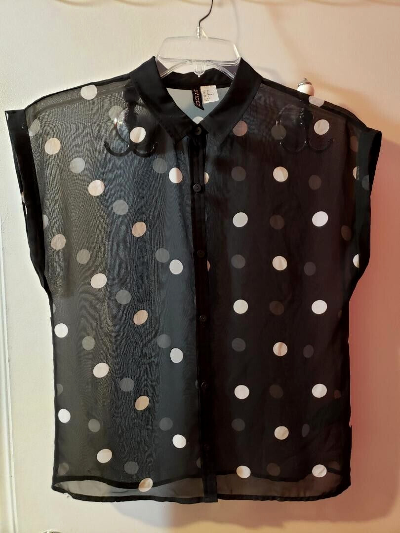 H&M POLKA DOT TOP SHIRT SEE THRU SHEER NEW BLACK & WHITE WOMENS 6 SLEEVELESS