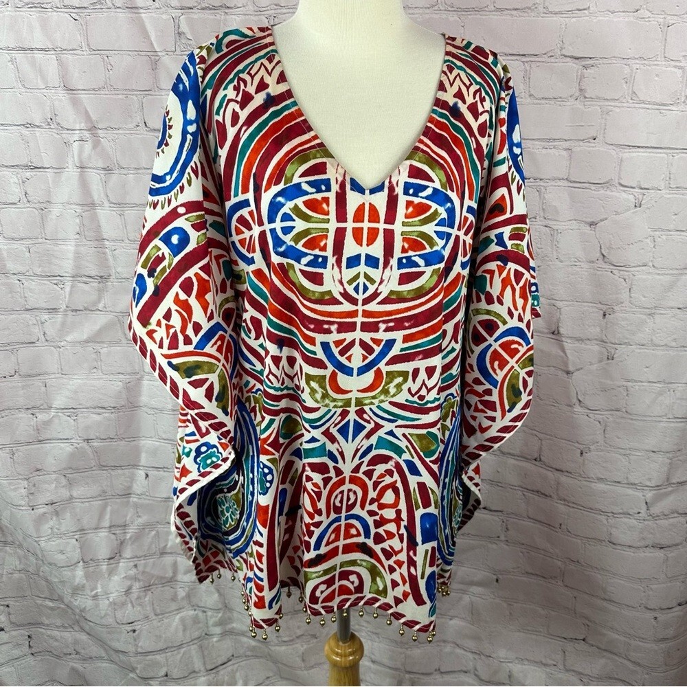chico’s bright tribal geometric Patterned blouse poncho sz L/XL beaded fringe