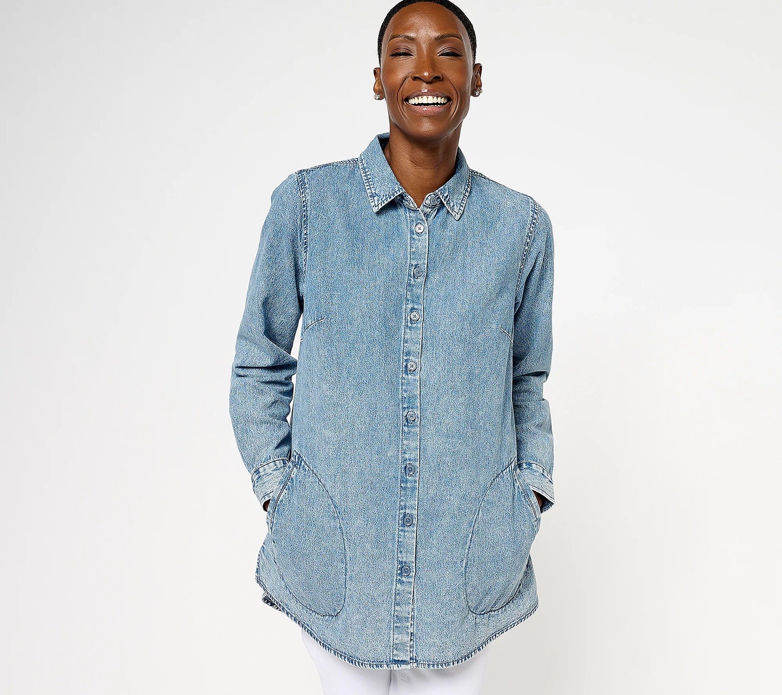 Joan Rivers Sz XS Vintage Washed Denim Shirt with Pockets MEDIUM WASH A606113