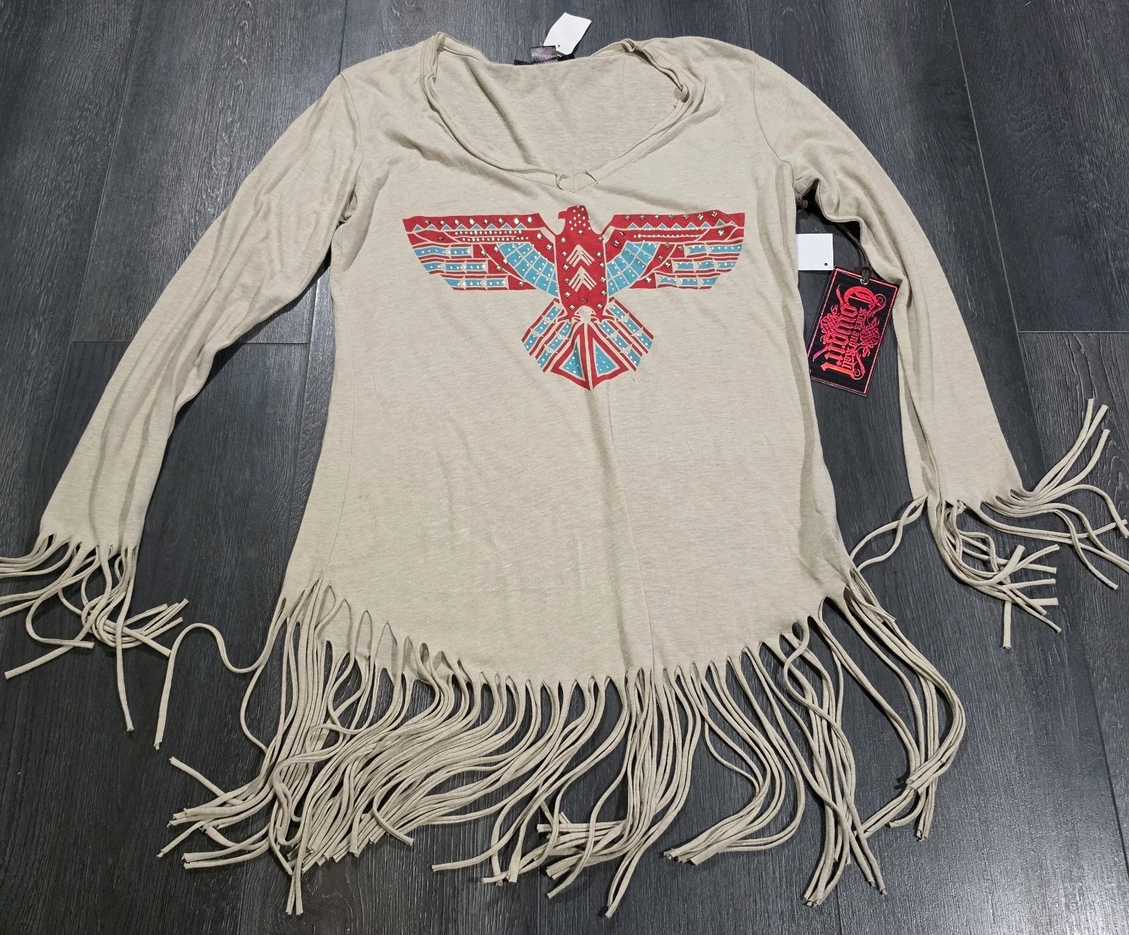 NWT Rock & Roll Cowgirl Fringe T Shirt Women L Tan Native Thunderbird Aztec