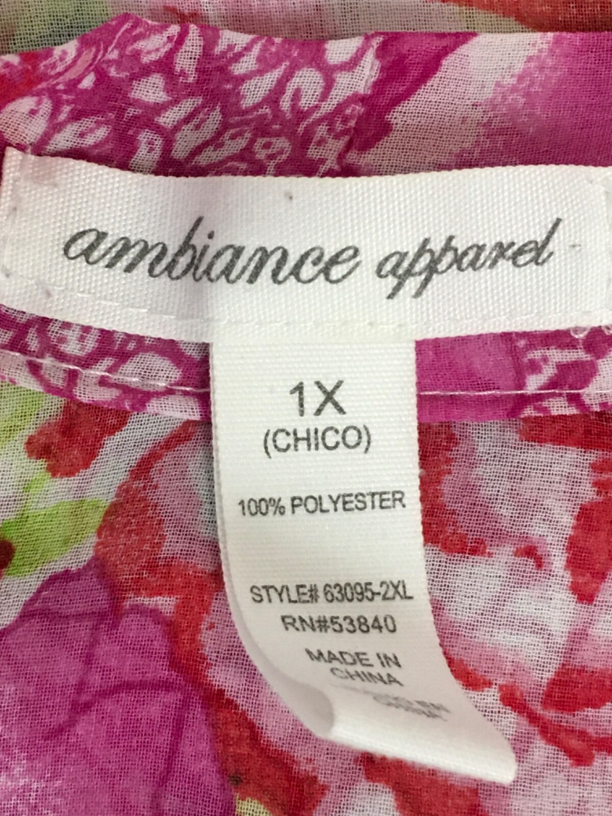Ambiance Apparel Top Womens Size 1X White w Pink Red Flowers Sheer Sleeveless