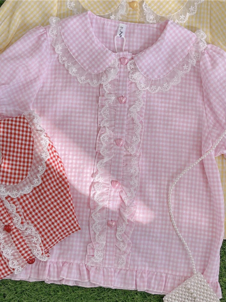 Lolita Plaid Blouse Women Lace Ruffle Shirt Peter Pan Collar Short Sleeve Tops