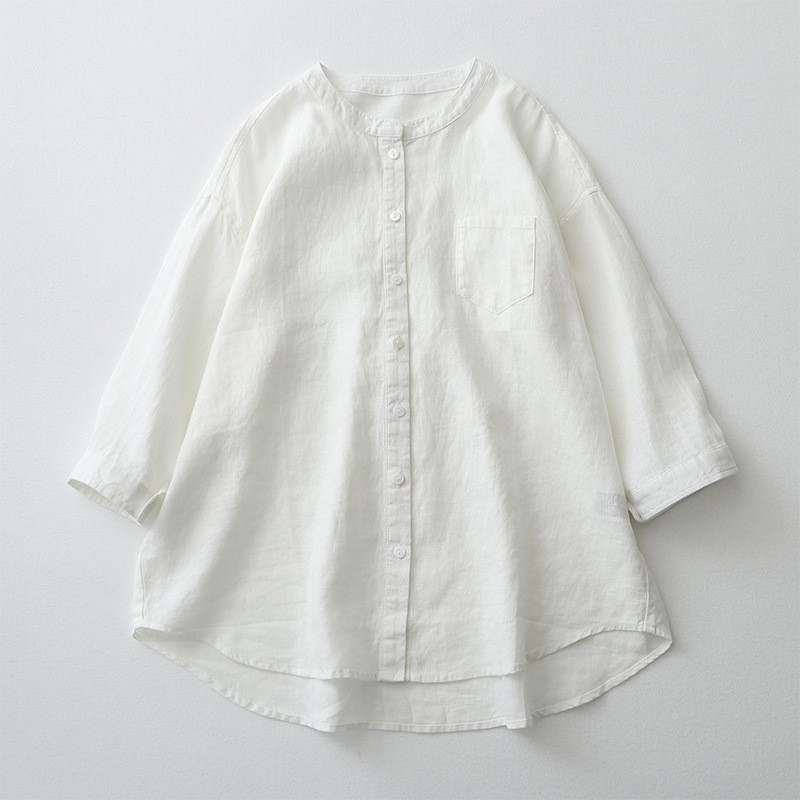 Linen Shirt Stand-up Collar, Seven-quarter Sleeves White Loose, Sunscreen Cotton