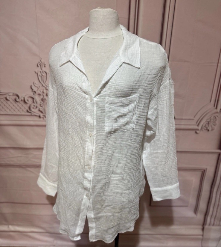 Woman’s Extra Small White Gauze Cover Up Shirt dress Cotton Long Sleeve, Pocket