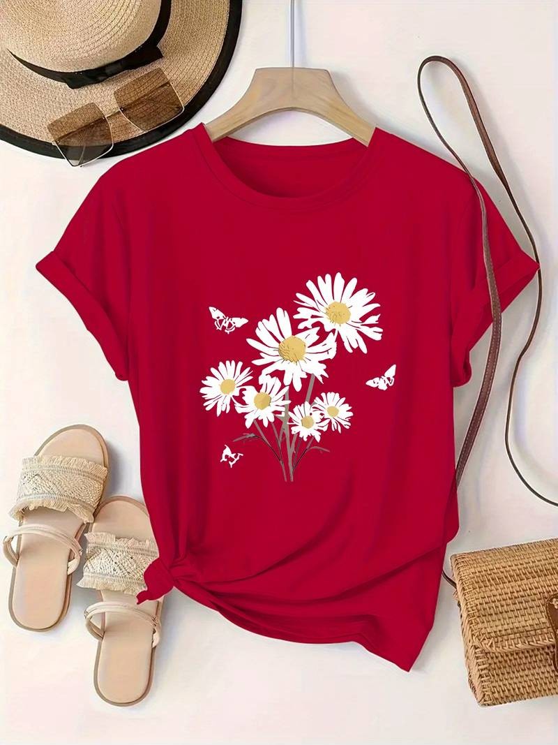 Women Floral Daisy Graphic T-Shirt Summer Flower Casual Crew Neck Tee Top S-2XL√