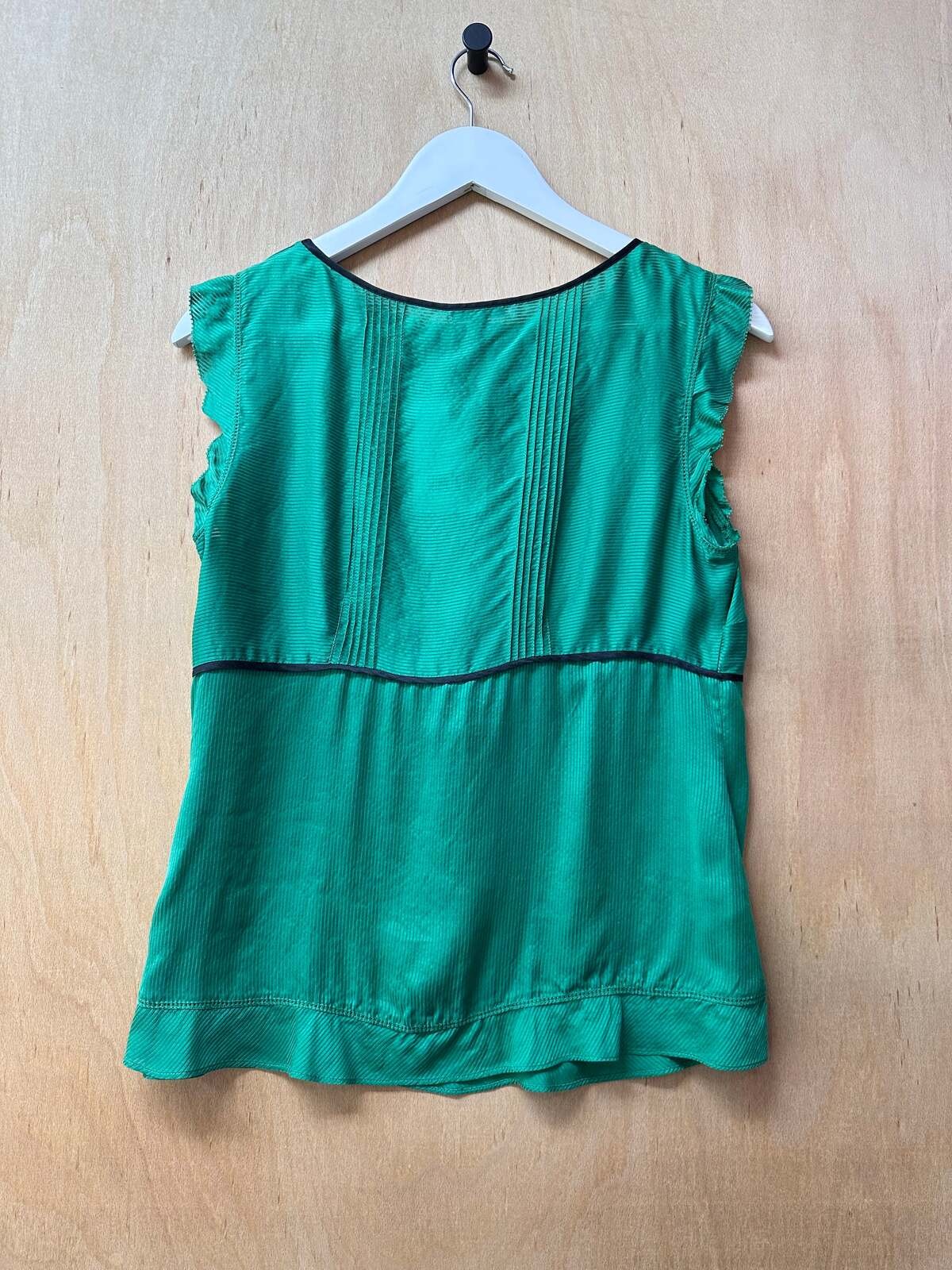 M&S UK 14 Green Pintuck Crinkle Silk Chiffon Button Detail Peasant Blouse