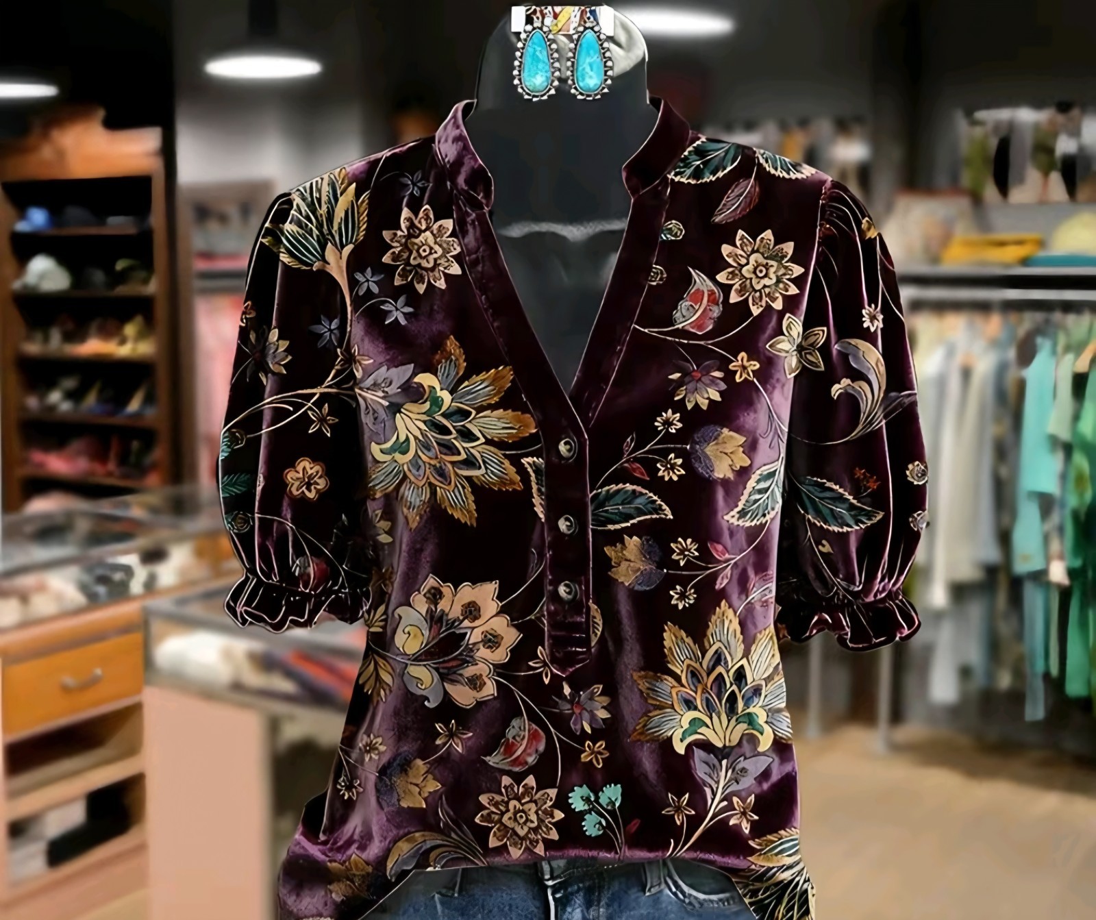Cherry Betty Floral Velvet Blouse Women’s Small V-Neck Puff Sleeve NWT