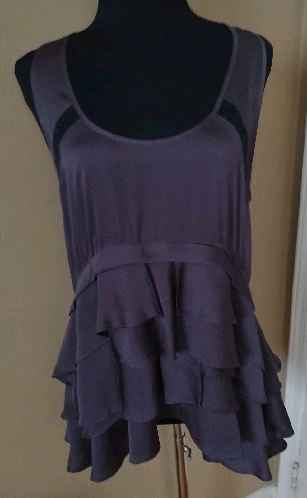 Whimsy Goth Punk Opaque Charcoal Satin /Black Lace Inserts Top Sz L
