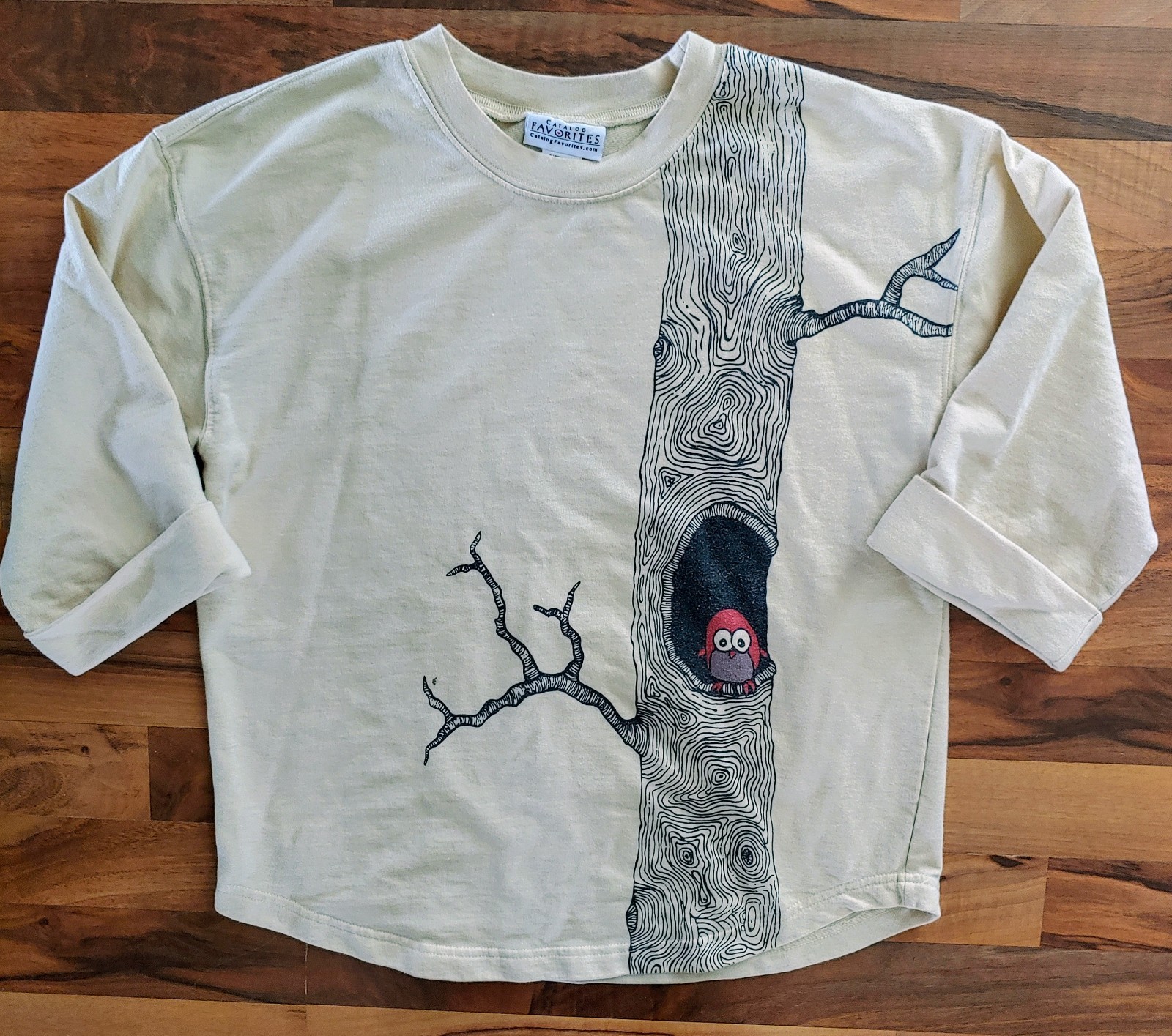 Catalog Favorites Ivory Pullover Top Sweatshirt Womens Med Red Tiny Owl Tree