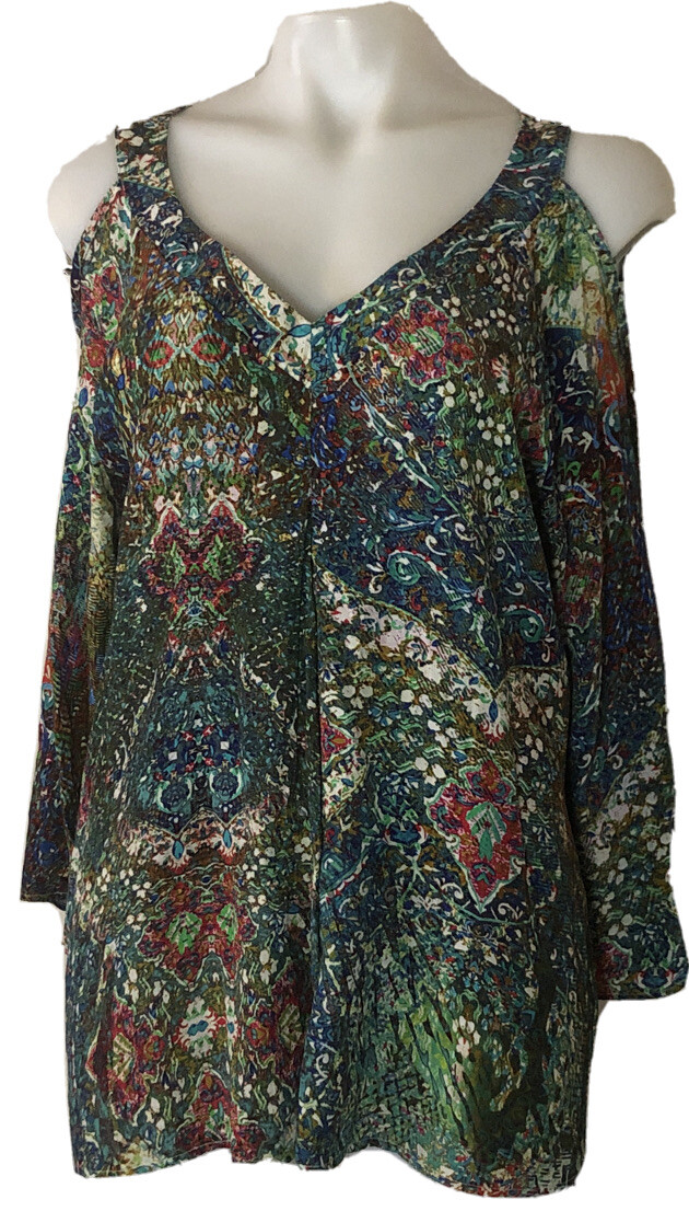 APROPOS Womens Multicolor V-Neck Cold Shoulder Long Sleeve Blouse Size M