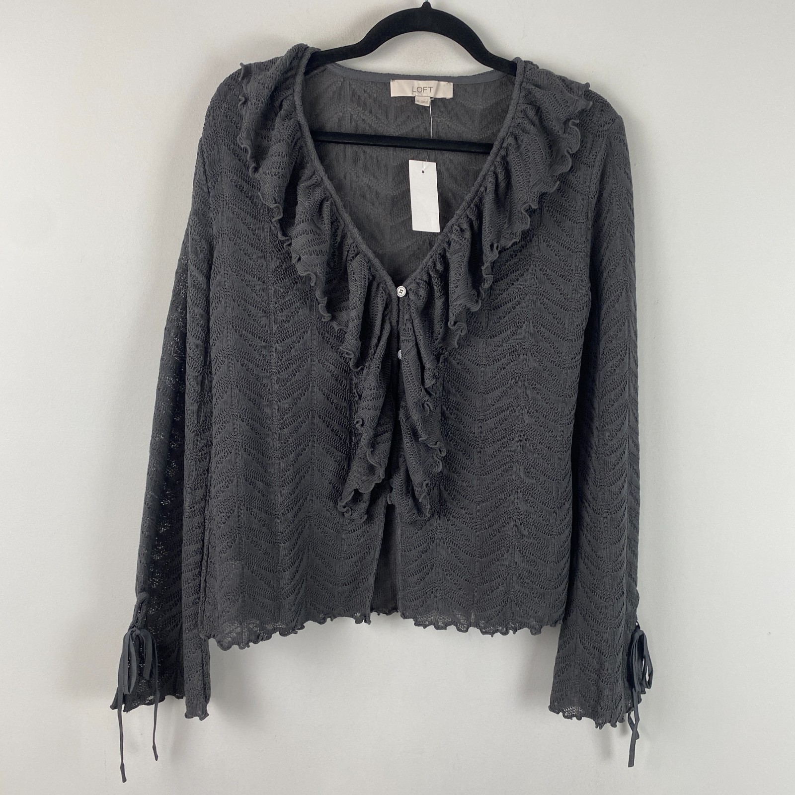 LOFT Pointelle Ruffle Tie Cuff Top Size Medium Ruffle Romantic Flounce