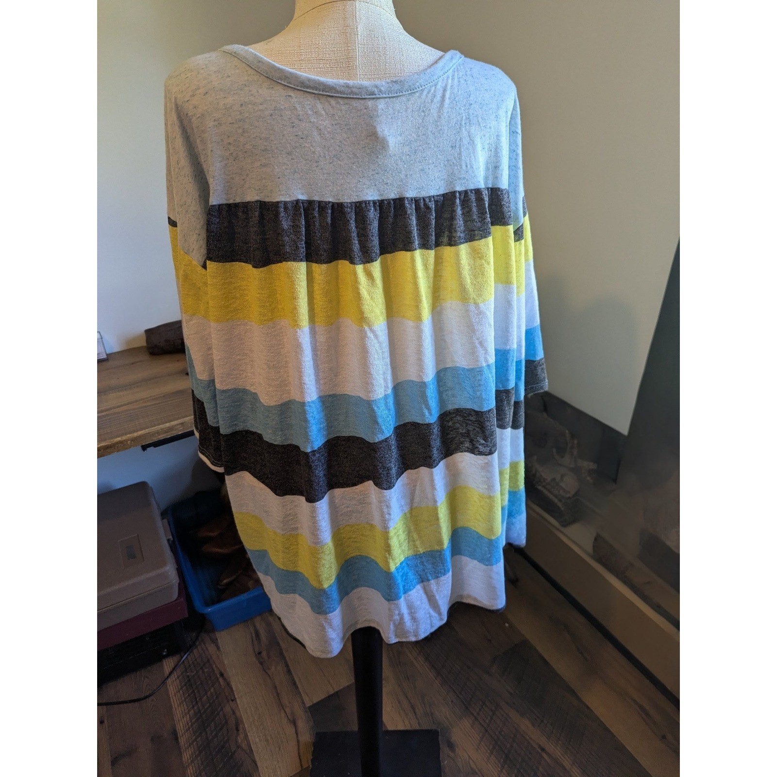 My Story Striped Henley Top Womens L Gray Blue Yellow 3/4 Sleeve Casual Flowy