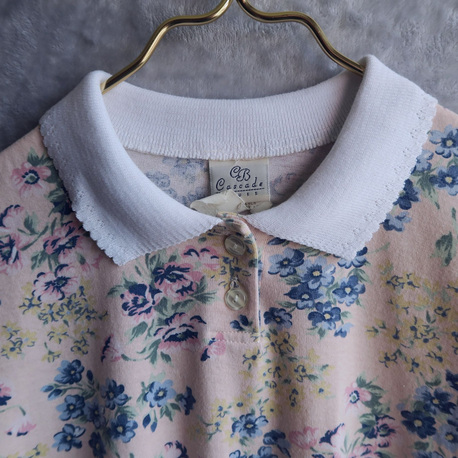 CASCADE BLUES Pastel Pink Floral Print Polo Shirt Size M Pointelle Collar Boxy