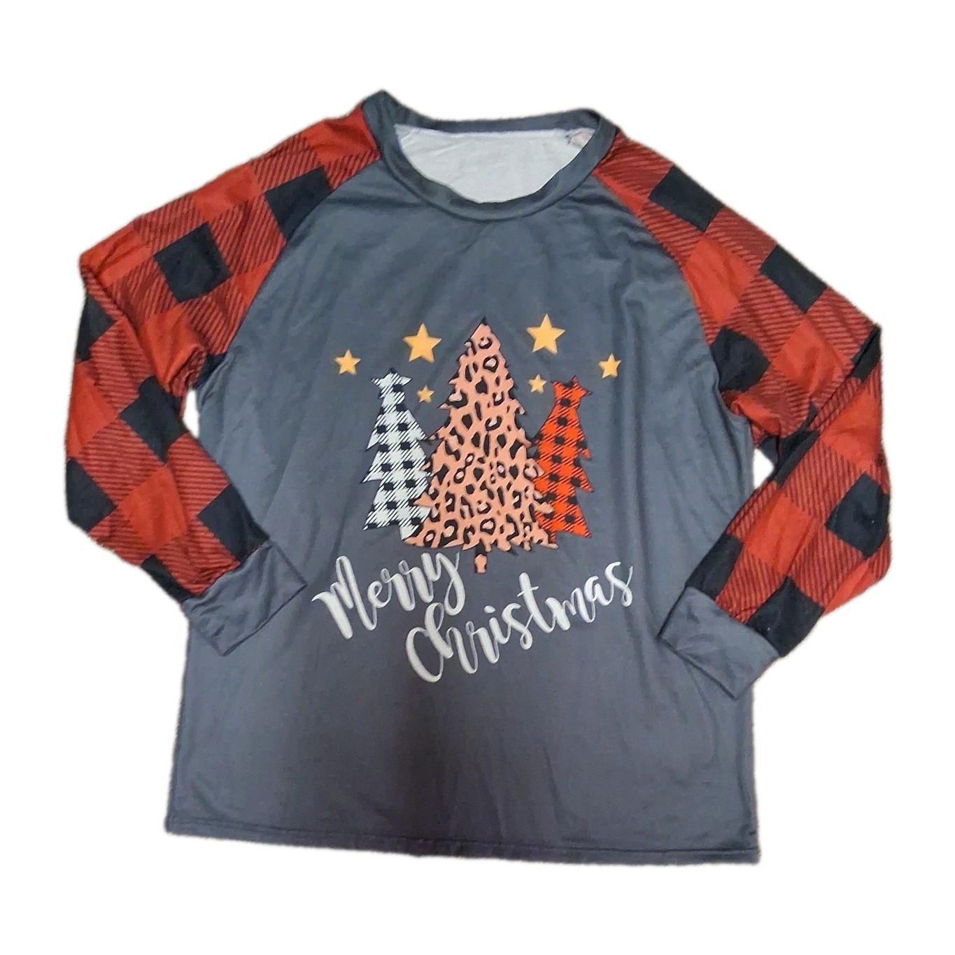 Womens Holiday Merry Christmas Tree Large Top Red Plaid Sleeve