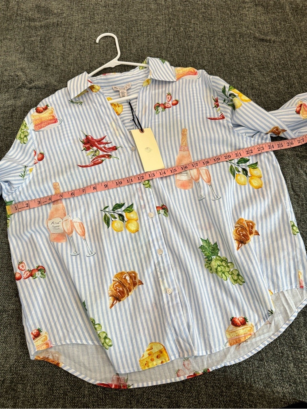 Eliane Rose Novelty Brunch/Food Print Cotton Button Down Shirt Blue Stripe XL