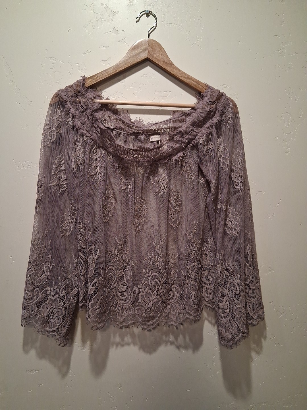 Forever 21 Women M Sheer Lilac Floral Lace Long Sleeve Blouse Boho Victorian