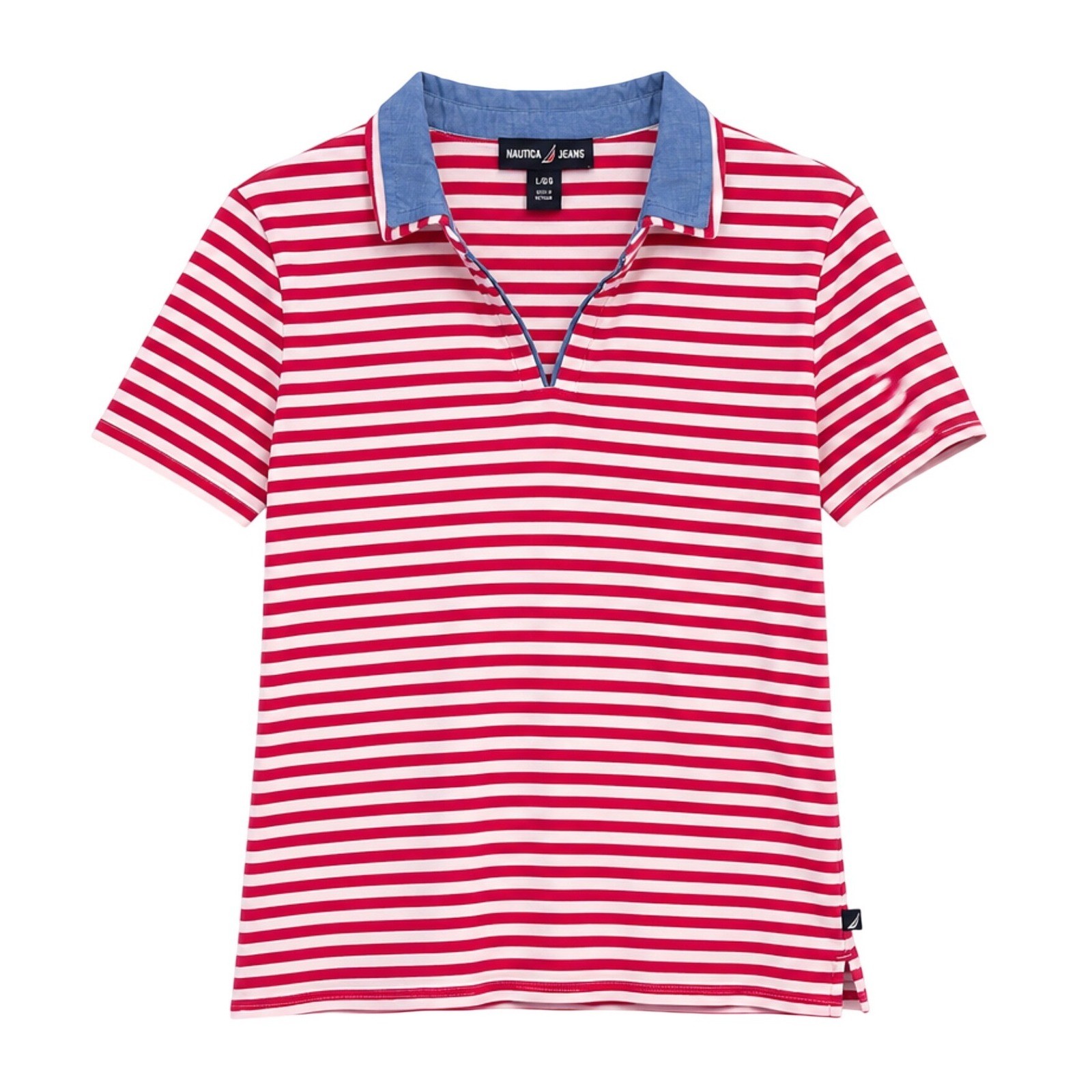 Nautica Jeans Womens Pink White Striped V-Neck Polo Shirt Blue Collar Large