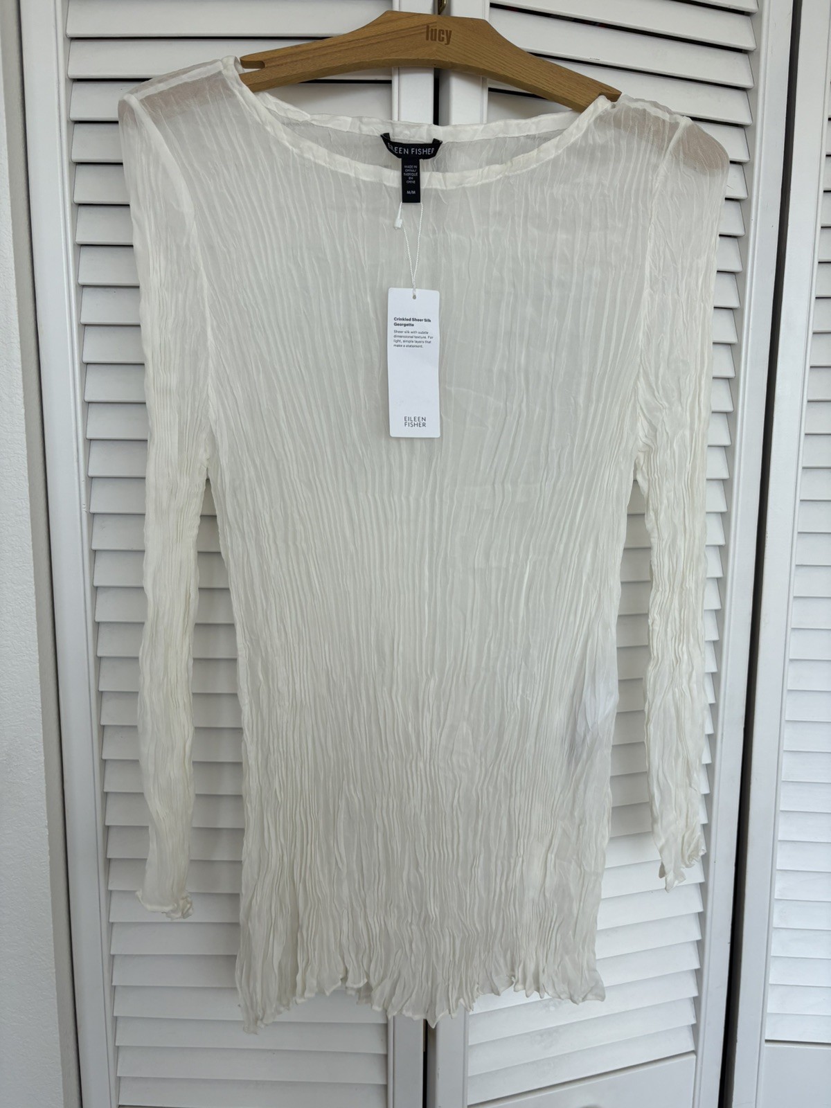 Eileen Fisher Crinkled Sheer Silk Georgette Tunic Top M Ivory Long Sleeve
