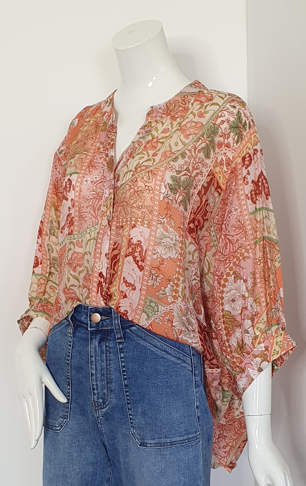 Caroline Morgan Sz 14-16 Boho Floral Patchwork Blouse 3/4 Slv Hi-Lo Hem BNWT