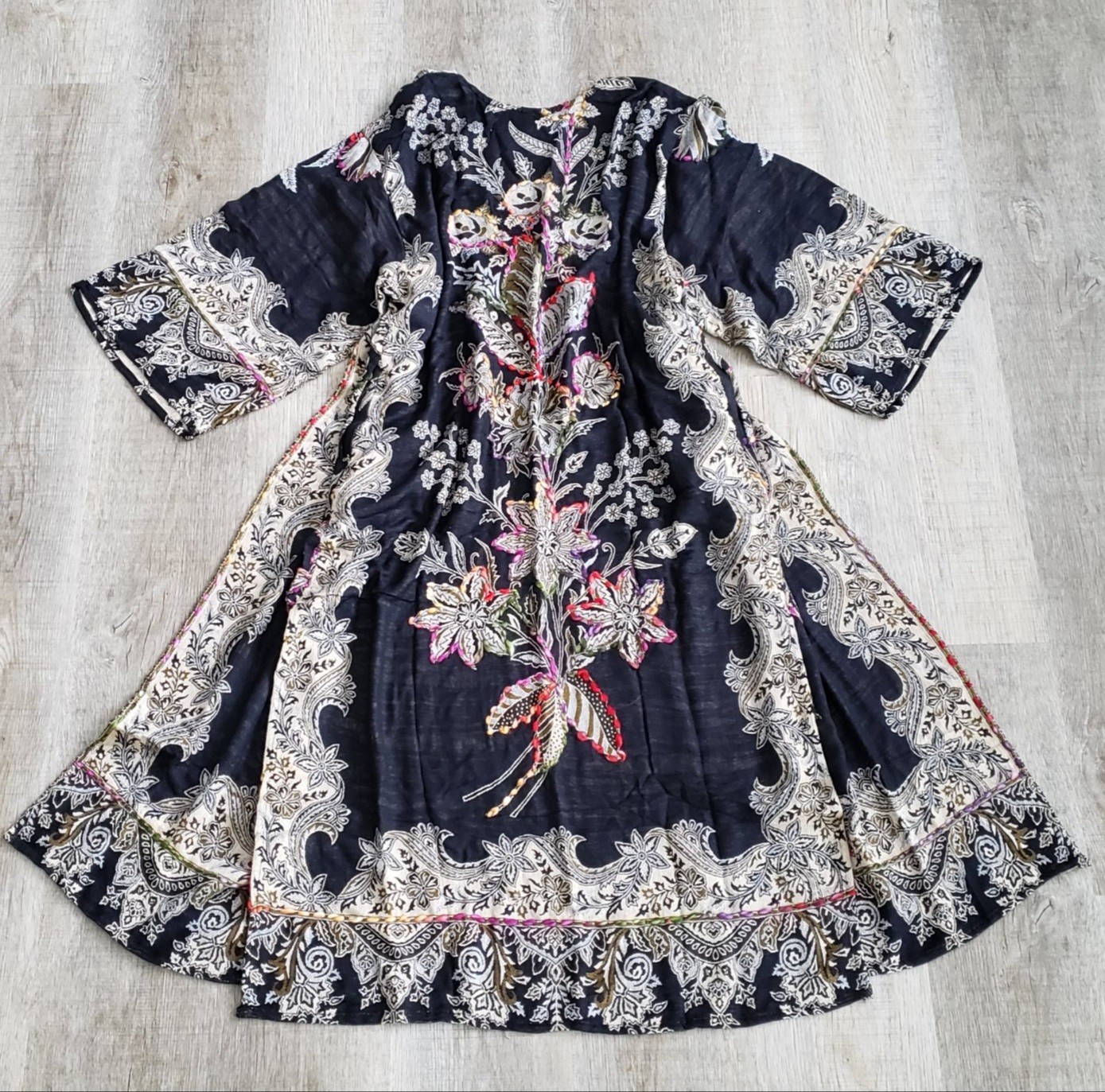 Boho Black Paisley Floral Embroidered Maxi Kimono Gypsy Hippie Duster Ca G2U
