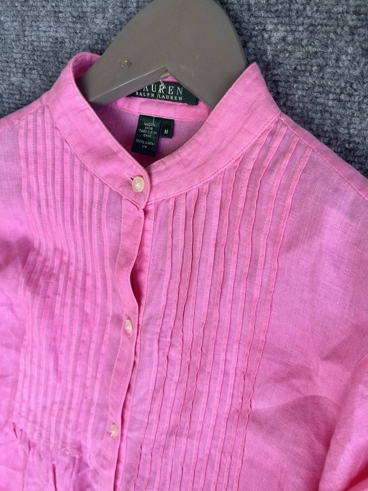 Lauren Ralph Lauren Pink Women’s M 100% linen 3/4 Sleeve Blouse Mandarin Collar.