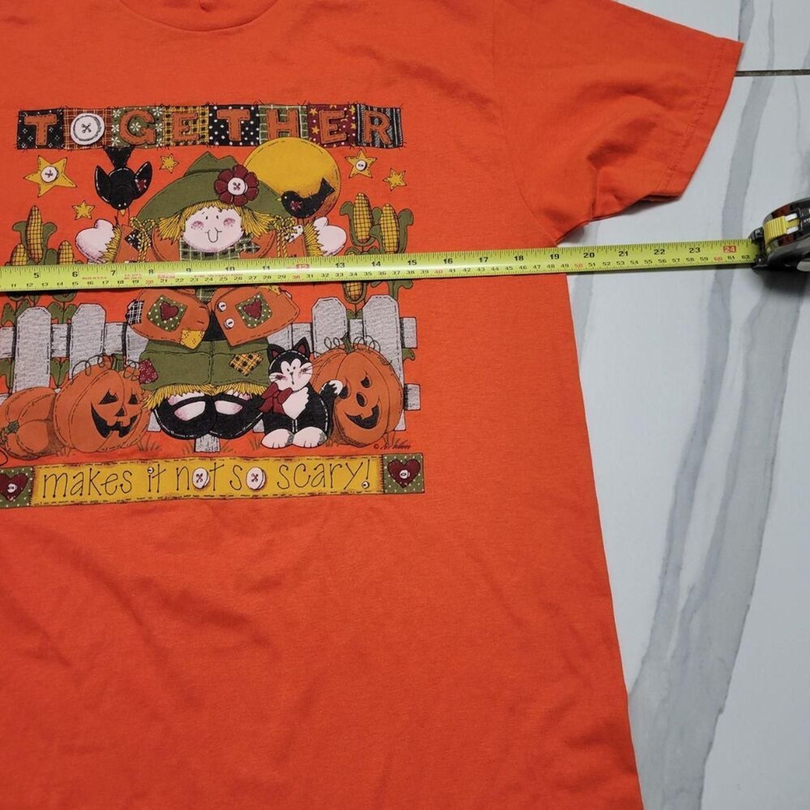 Vintage 90s Halloween Scarecrow Black Cat Pumpkin Folk Art Tee