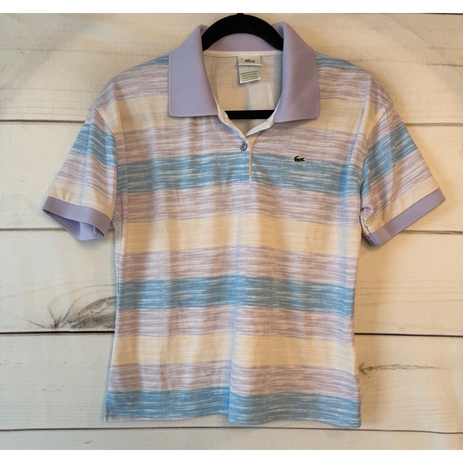 Lacoste Women Striped Polo Shirt Pastel Purple Blue Cotton Pique Size 7 France