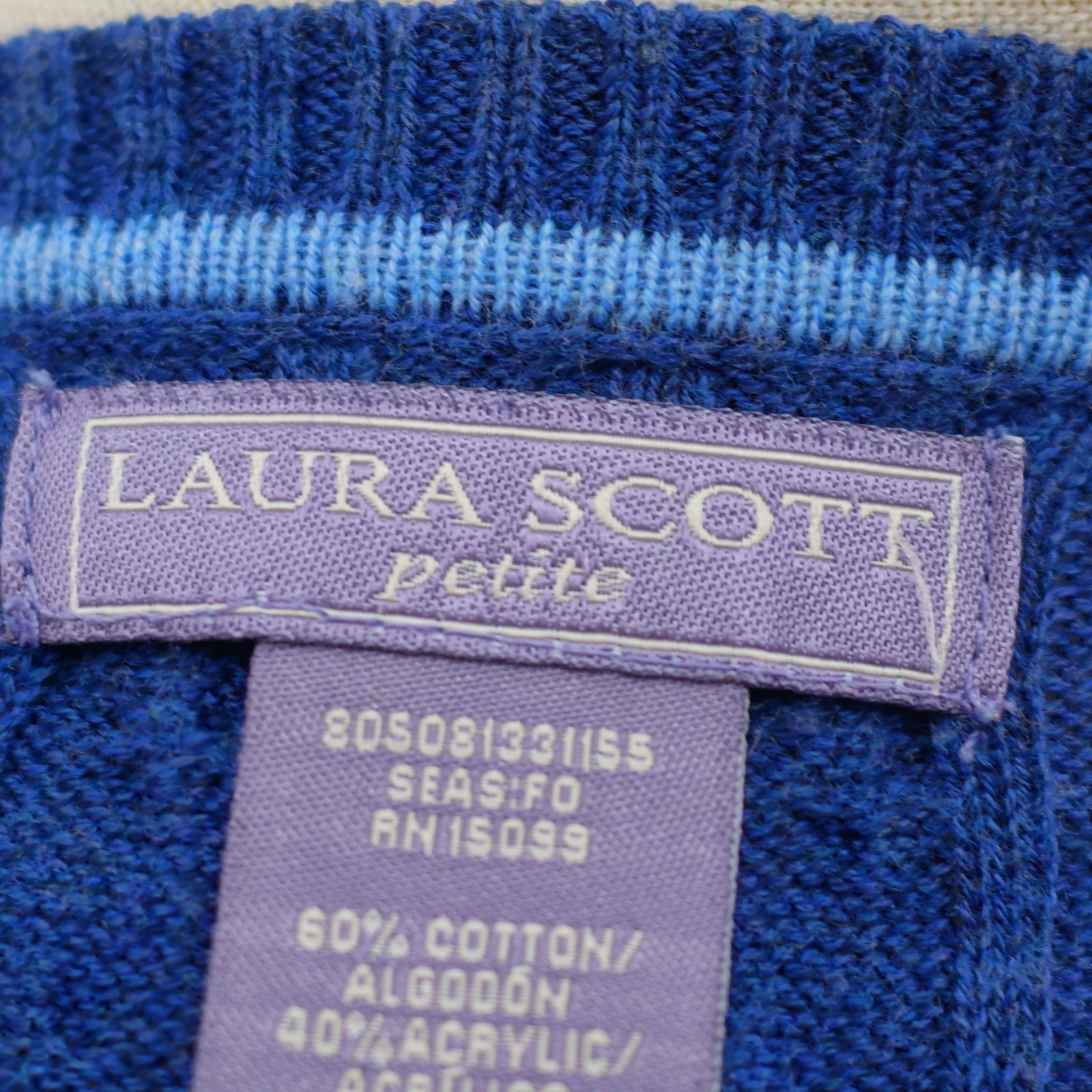Laura Scott Blue Petite Small Ribbed Cotton Acrylic Knit V-Neck Sweater