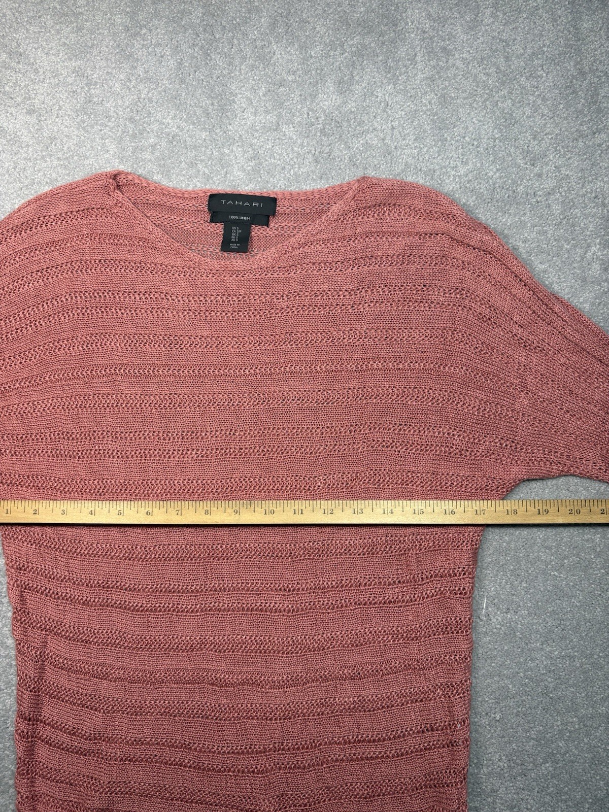 TAHARI Crochet Knit Linen Boat Neck Top Women’s Small 3/4 Sleeve Mauve Pink