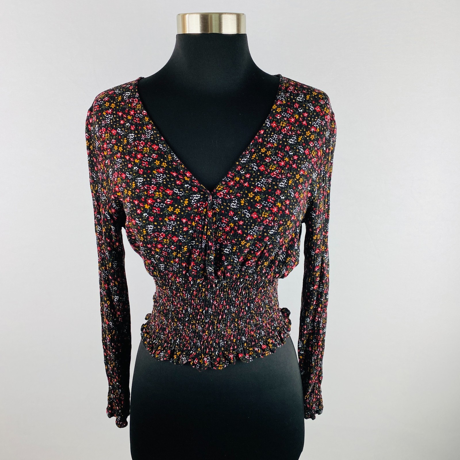 Paper Crane Womens Floral Print Bohemian Gypsy Long Sleeve Smocked Work Job S