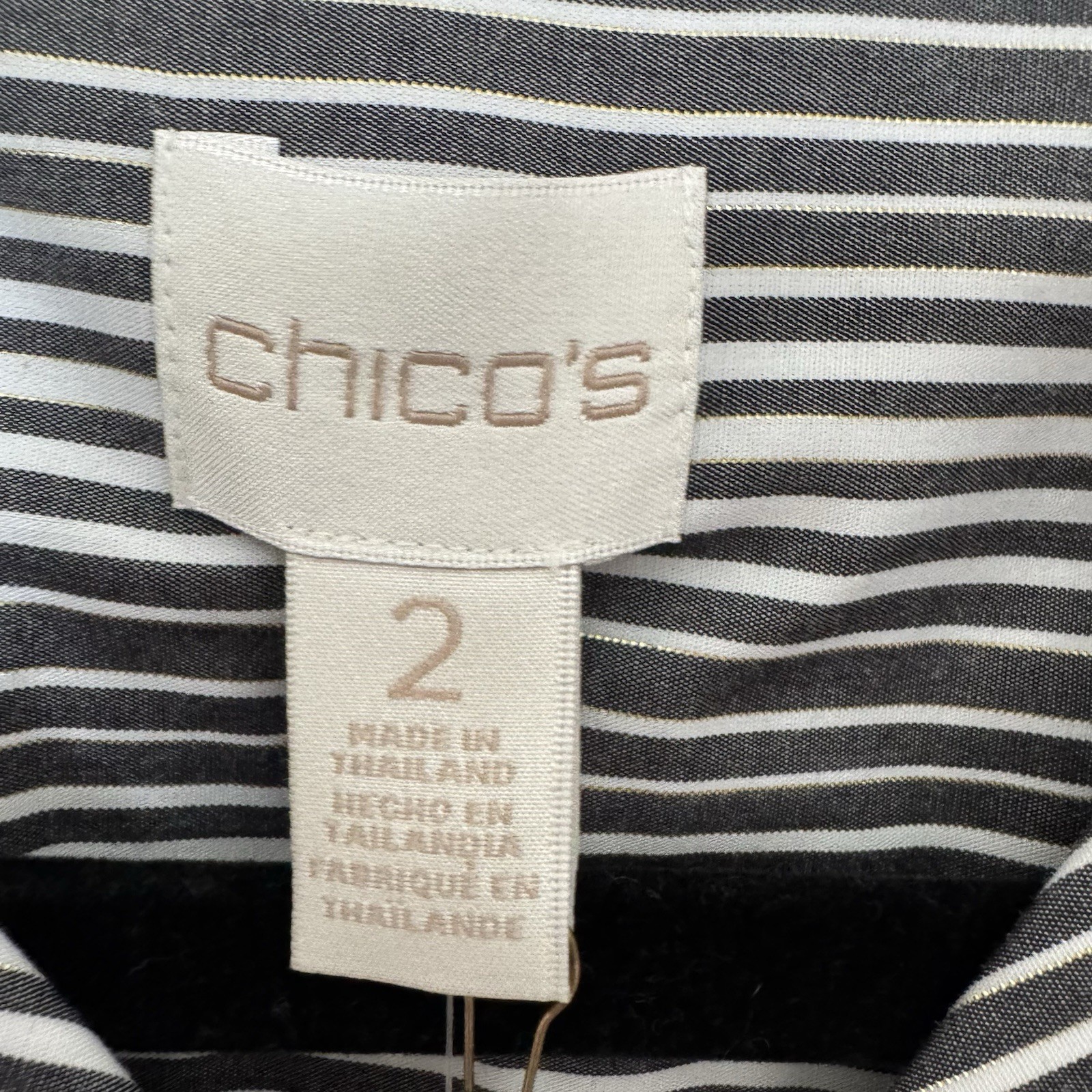 Chico’s No Iron Striped shirt Sz Medium Gray white gold metallic button NWT