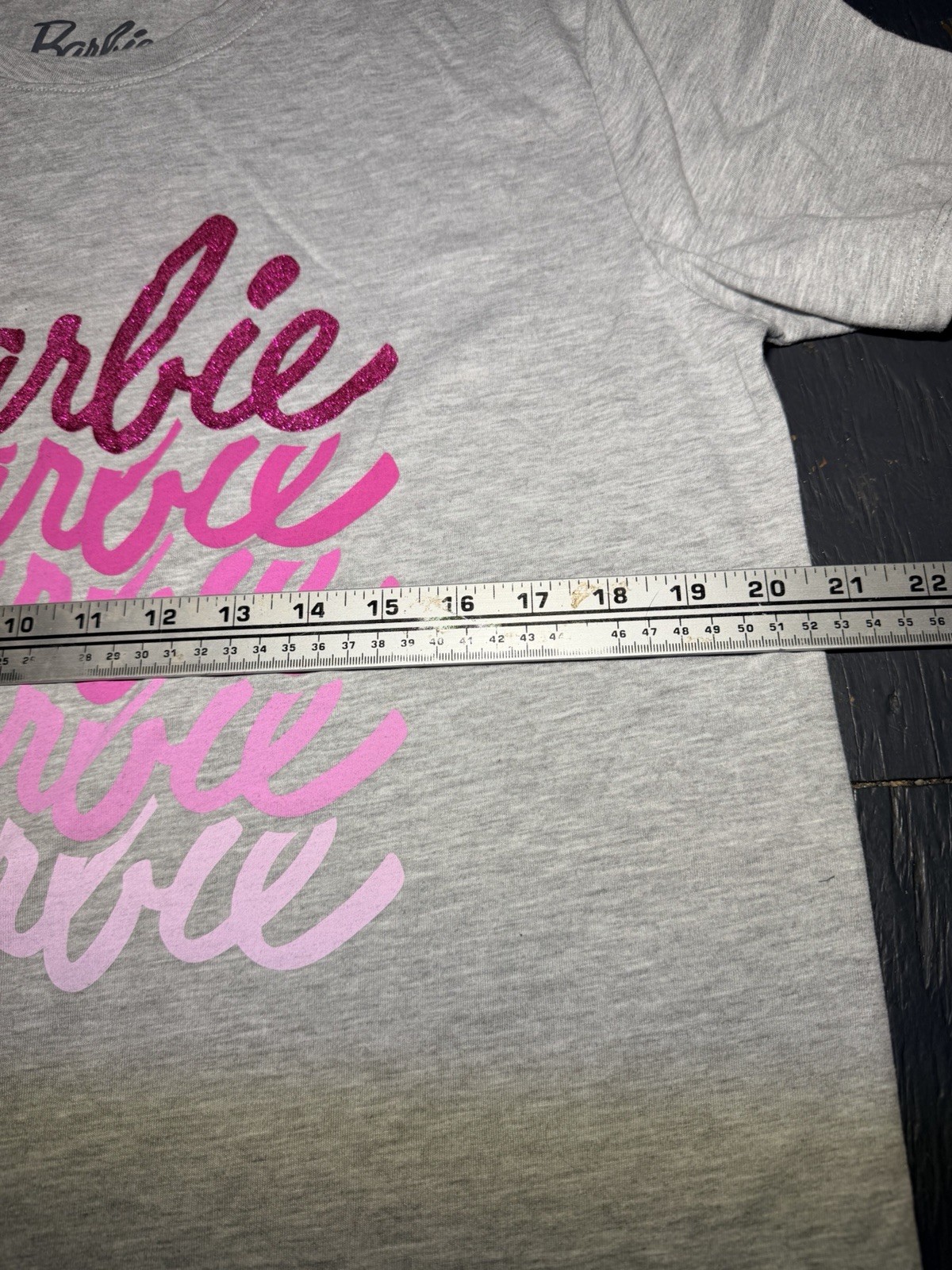 Barbie On Repeat T-Shirt Gray with PINK GLITTER Accents New Size Medium Women’s