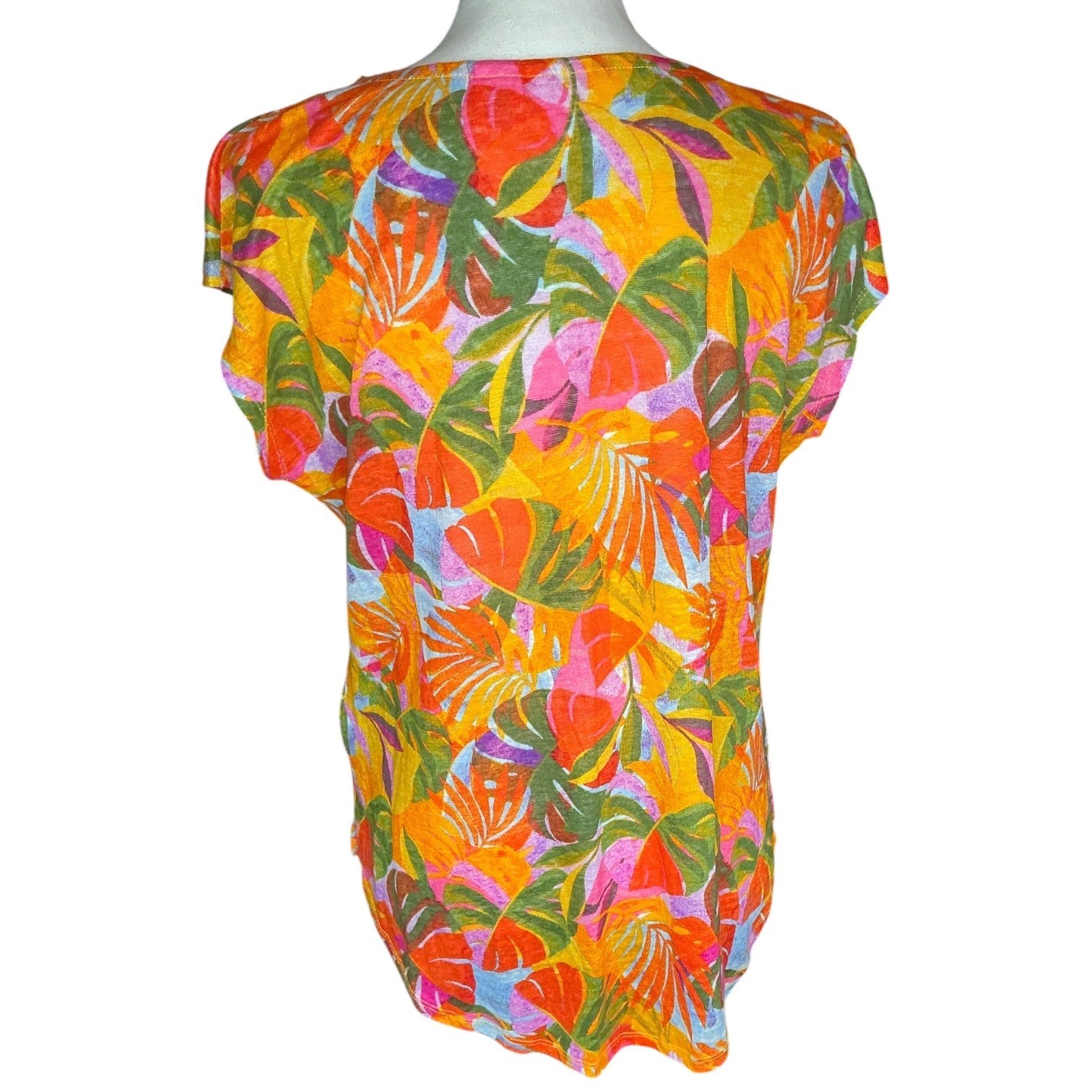 C&C California Orange Tropical Linen Top Womens Medium Short Sleeve Floral Boho
