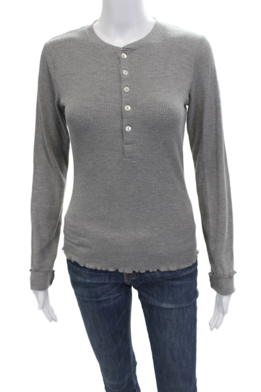 WSLY Womens Basic Button-Up Gray Long Sleeve Crew Neck Top Size S