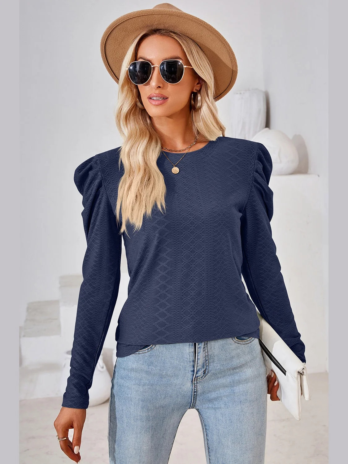 Women Round Neck Puff Long Sleeve Blouse