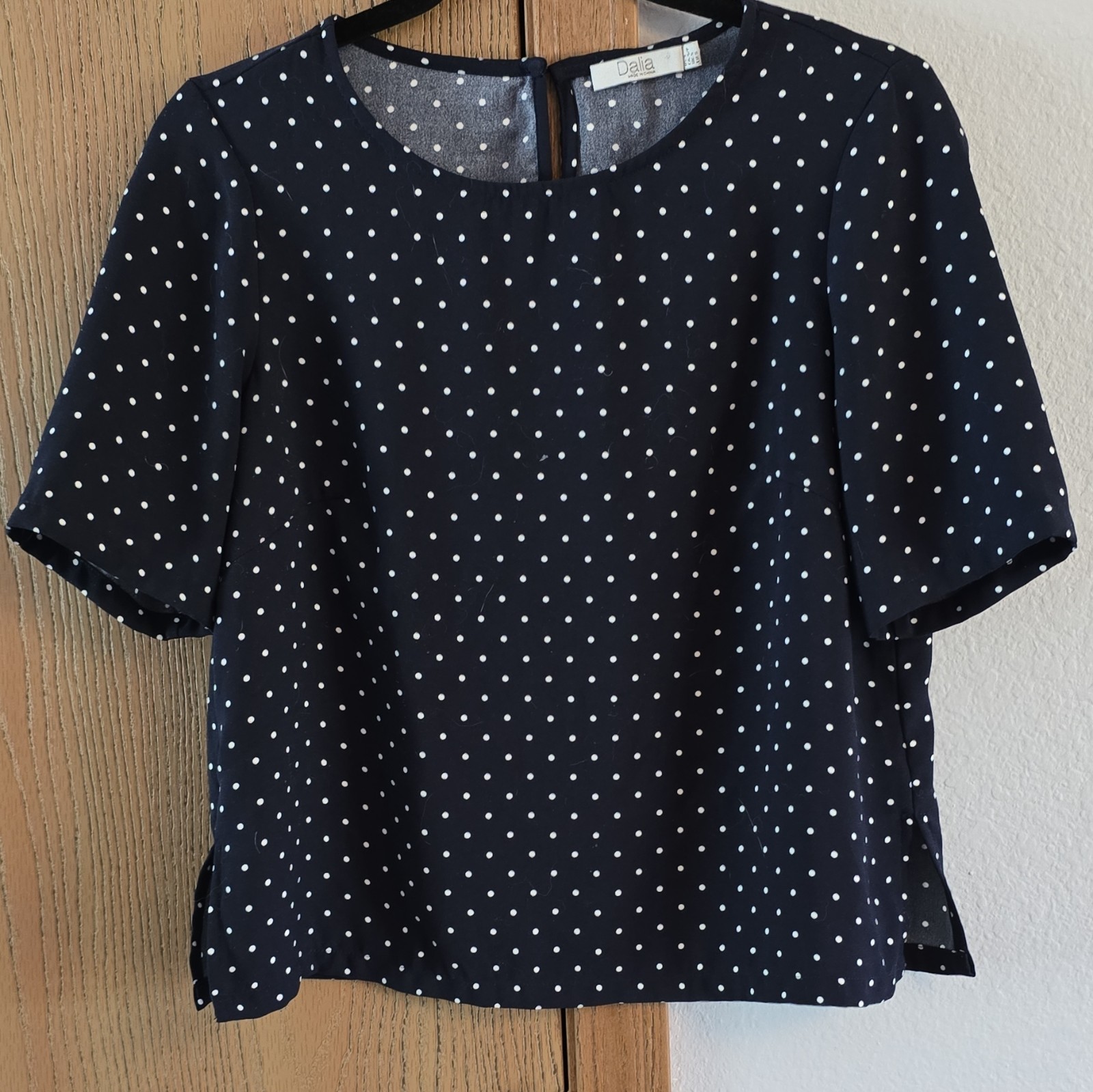 Dalia Navy Blue Polka Dot Short Sleeve Blouse Top Small Keyhole Back Side Slits