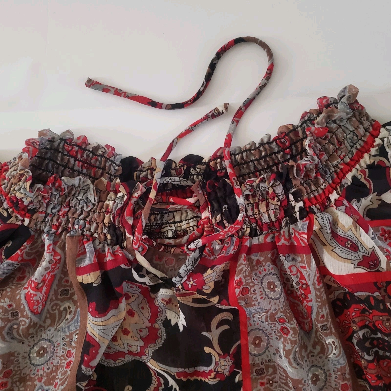 Max Bohemian Off-the-Shoulder Red Black Gray Paisley Sheer Women Blouse XS #12PJ