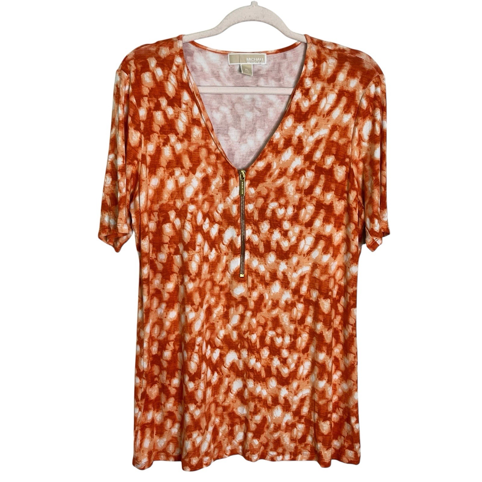 Michael Kors Tunic Top Size XLarge V-Neck Gold Tone Zipper Logo Stretch Coral