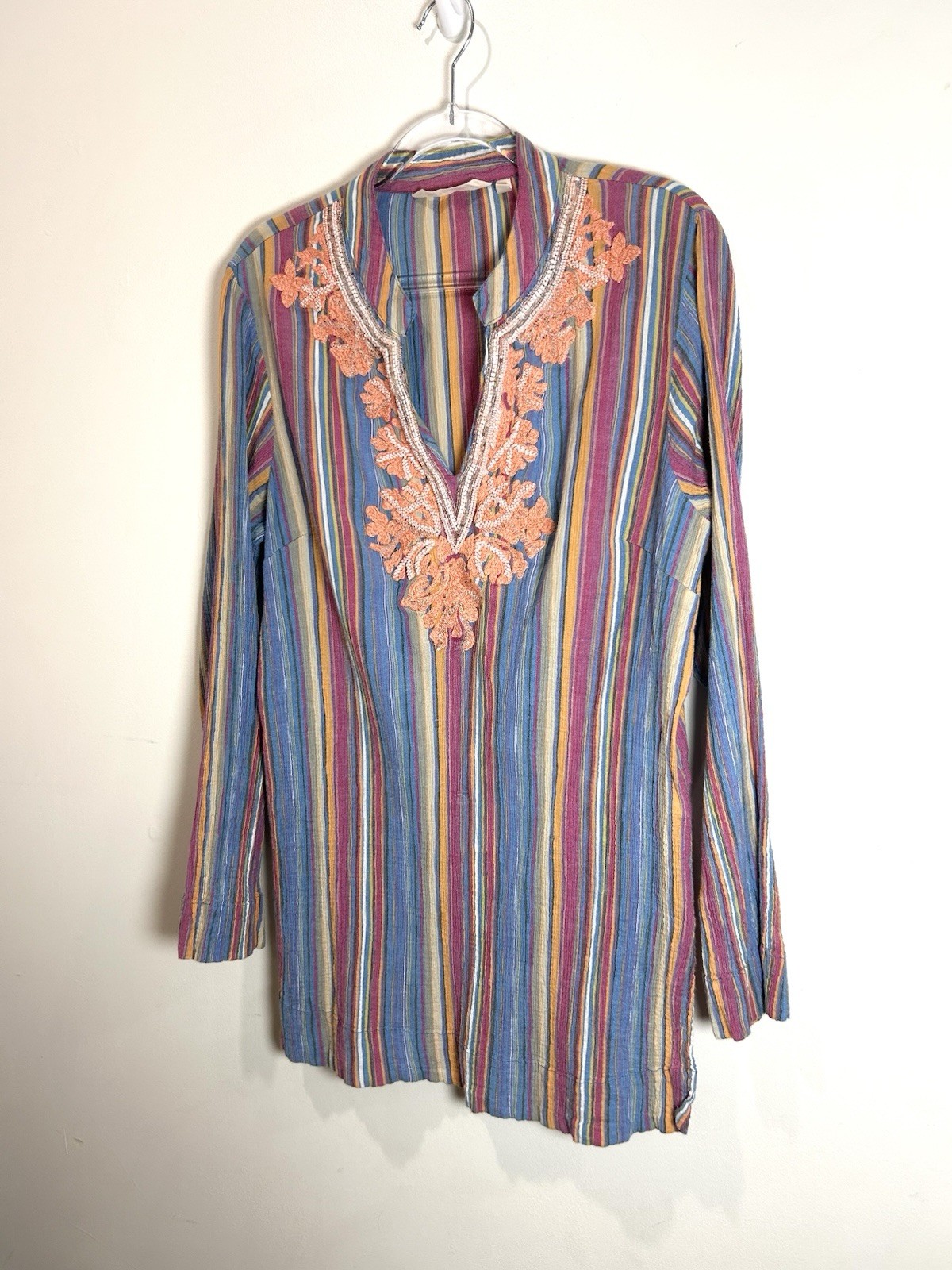 Soft Surroundings Tunic Top Embroidered Beaded Gauzy 100% Cotton Striped Gypsy L