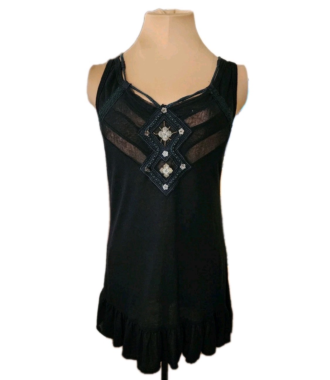Murmur Black Boho Tunic Tank Top Women’s Medium – Embellished Festival Y2K